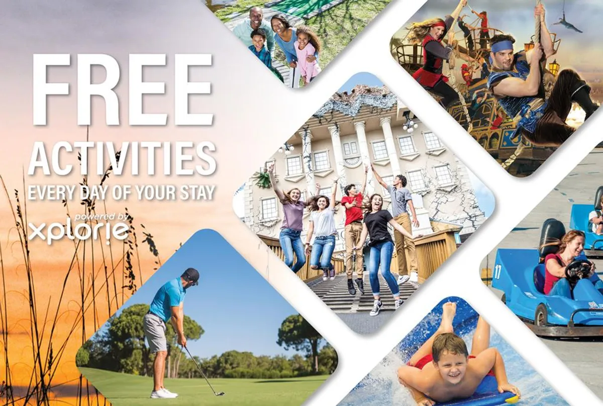 A lively outdoor scene featuring families golfing, enjoying water activities, and participating in various themed park attractions. The area is vibrant and full of activity, with people partaking in both relaxing and exciting experiences.