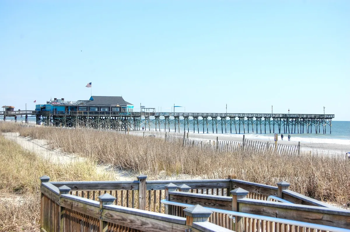 A sweeping view of the Myrtle Beach shoreline with soft dunes, the ocean stretching out to the horizon, a wooden pier extending into the water, and a wide sandy beach perfect for families. The scene is inviting and sunlit, encapsulating the area's beauty and recreational potential.